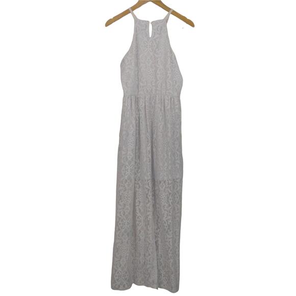 AUW Womens White Lace Halter Square Neck Strap Casual Midi Maxi Dress M Medium - Picture 10 of 12